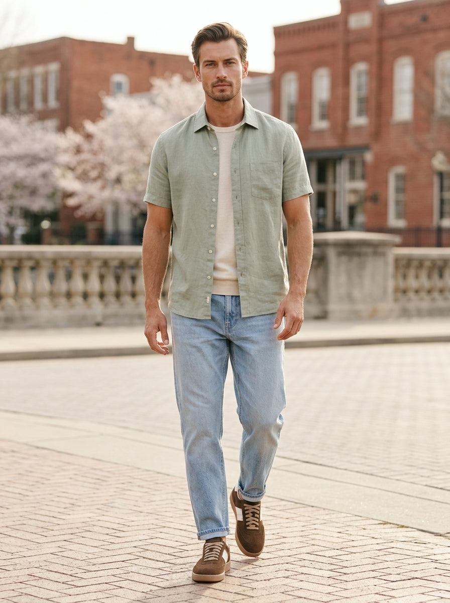 Walking outfit with the Artelio Strata chocolate suede sneaker styled with denim and a short-sleeve shirt