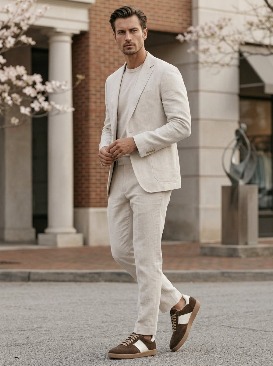 Lifestyle outfit with the Artelio Strata chocolate suede sneaker styled with a light casual suit