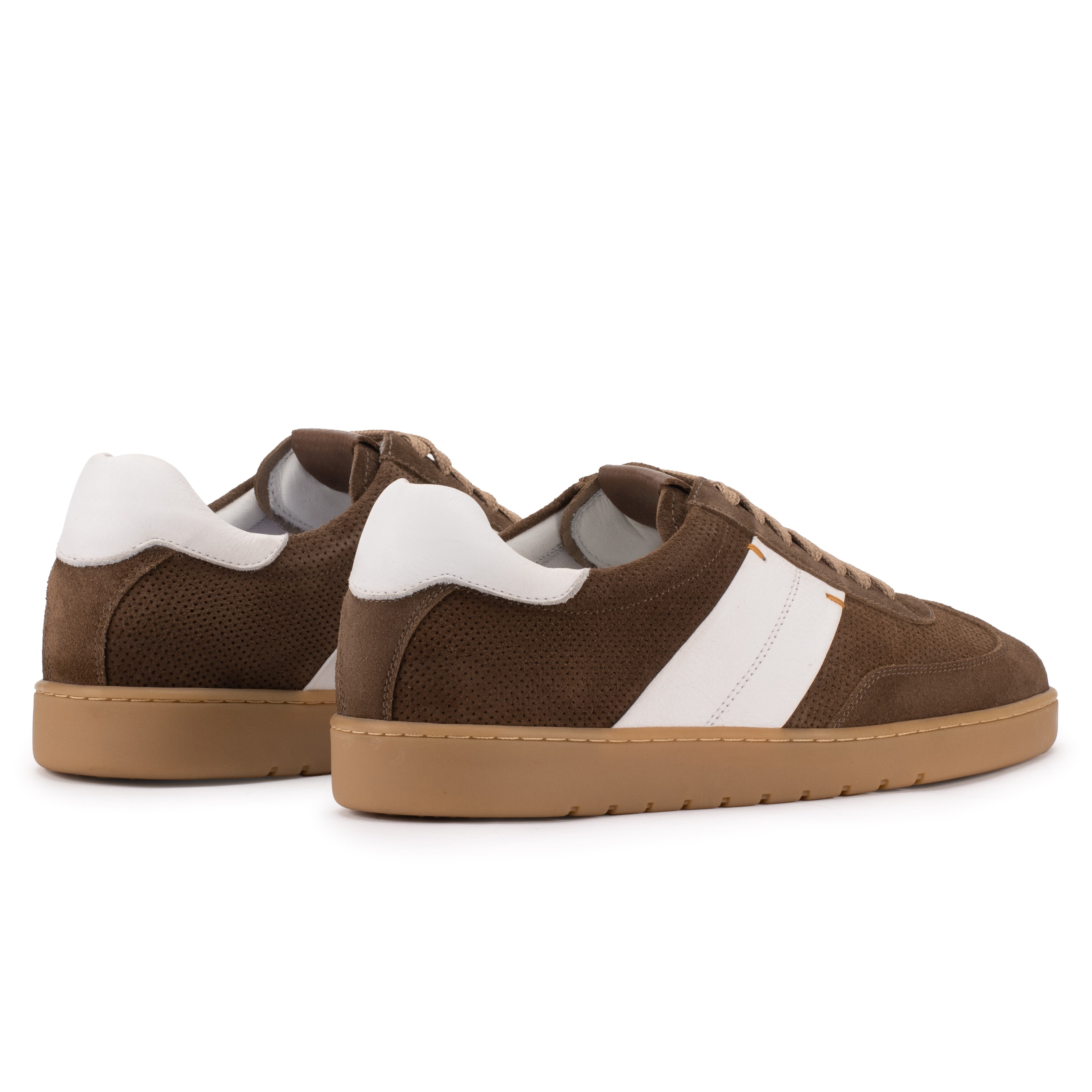 Rear angle of the Artelio Strata chocolate suede sneaker with leather heel detail and gum sole
