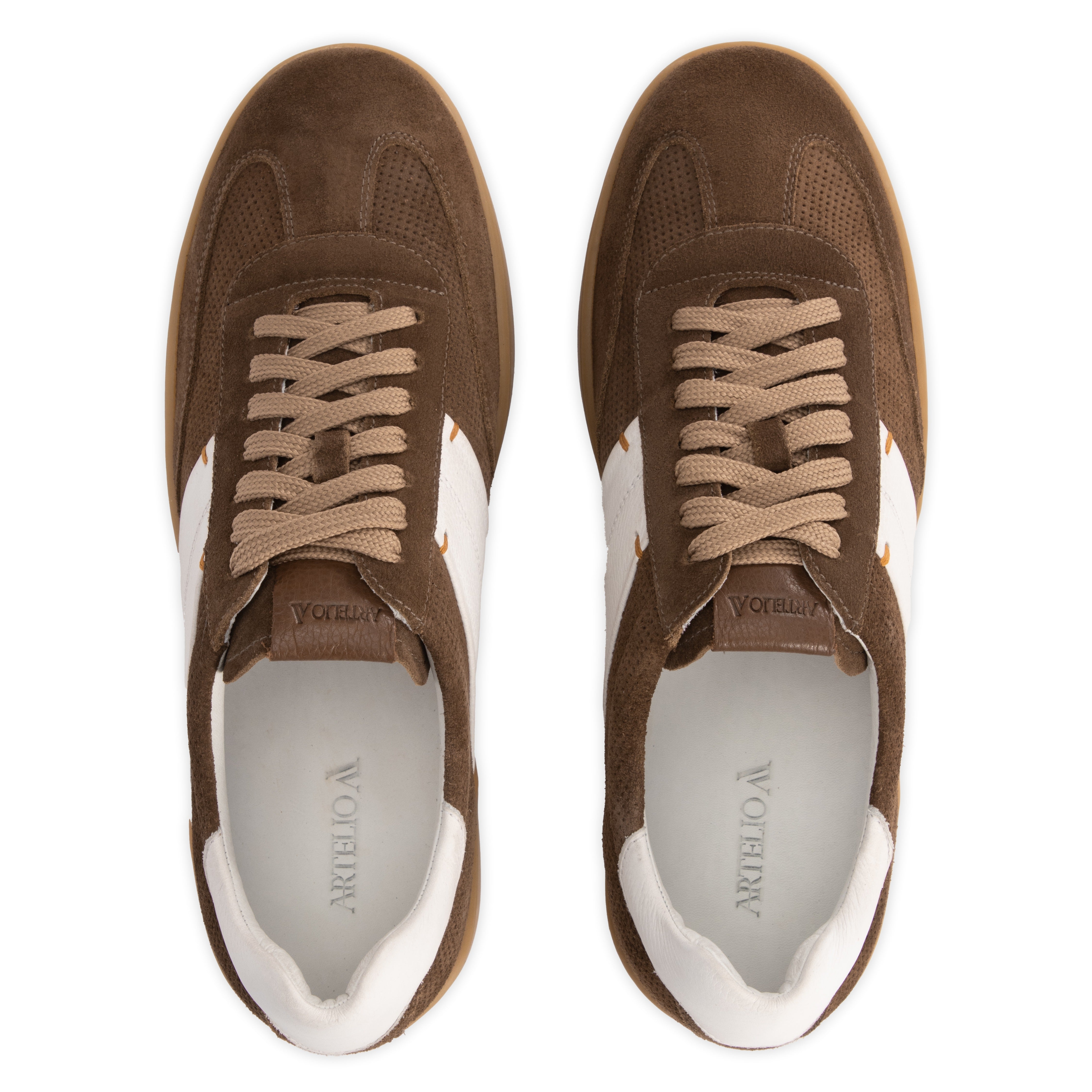 Top view of the Artelio Strata chocolate suede sneaker with perforated suede and contrast laces