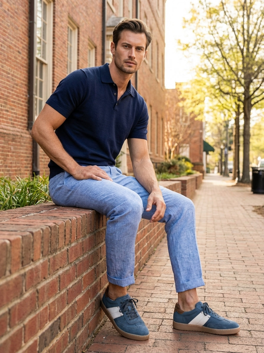 Casual bench styling with the Artelio Strata jeans blue suede sneaker and relaxed warm-weather outfit