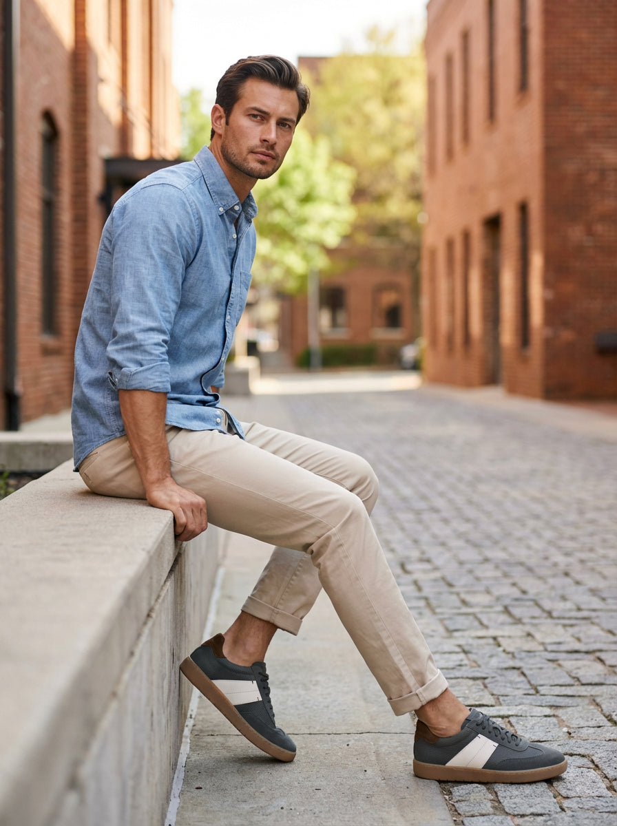 Lifestyle view of the Artelio Strata jeans blue suede sneaker styled with light trousers and a casual shirt