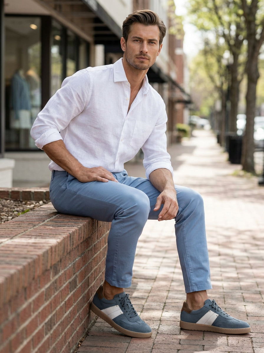 Lifestyle view of the Artelio Strata jeans blue suede sneaker styled with a white shirt and denim