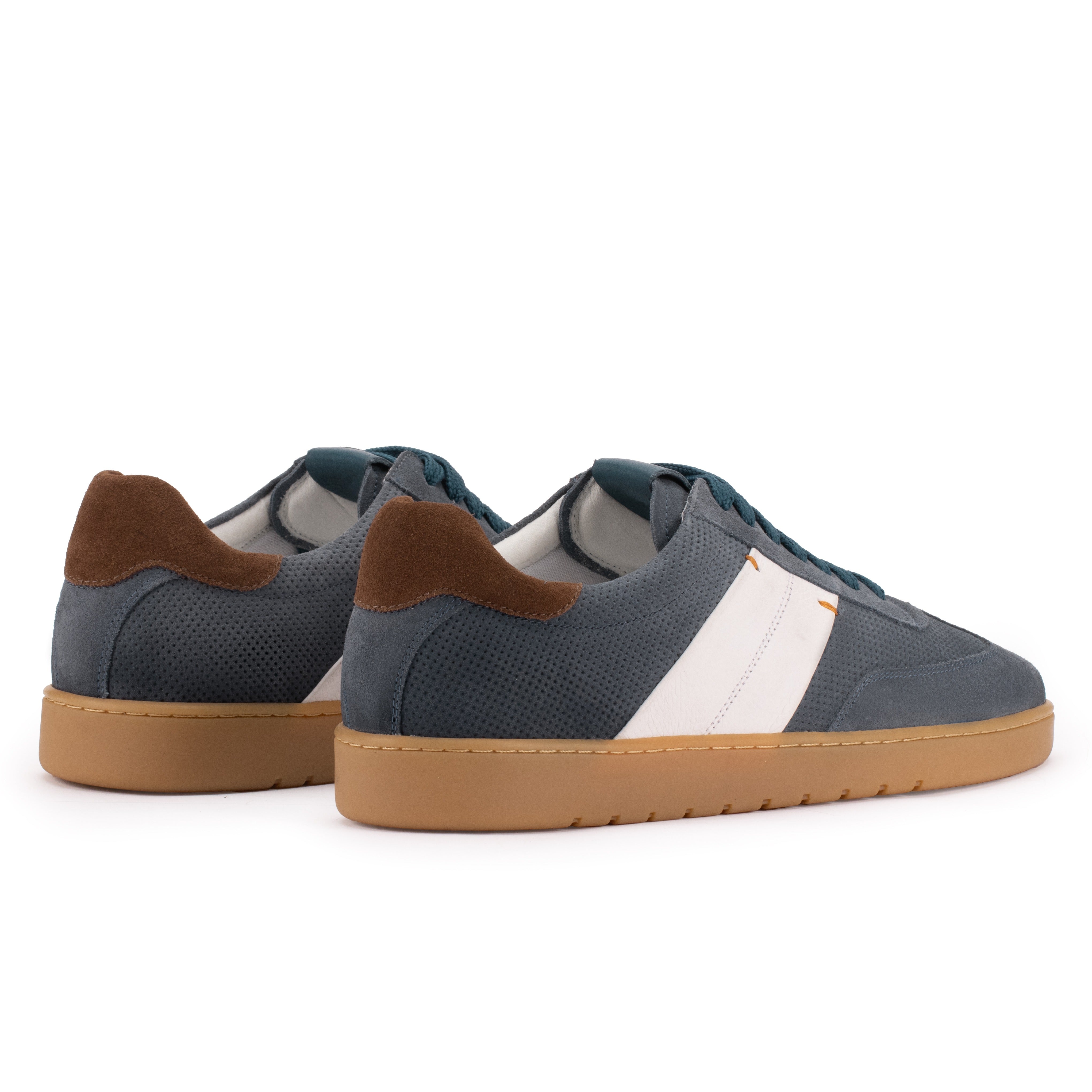 Rear angle of the Artelio Strata jeans blue suede sneaker with leather heel detail and gum sole