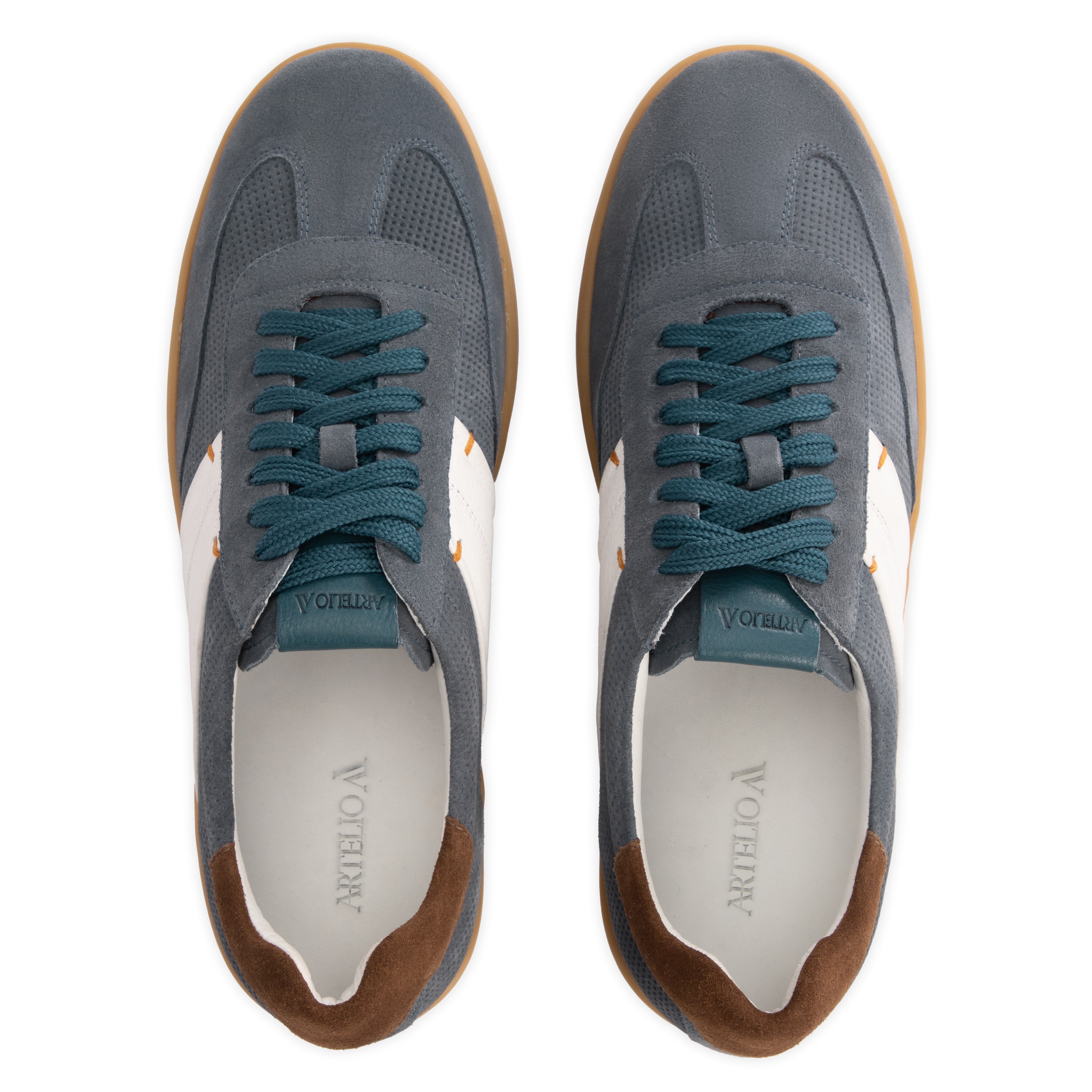 Top view of the Artelio Strata jeans blue suede sneaker with perforated suede and blue laces