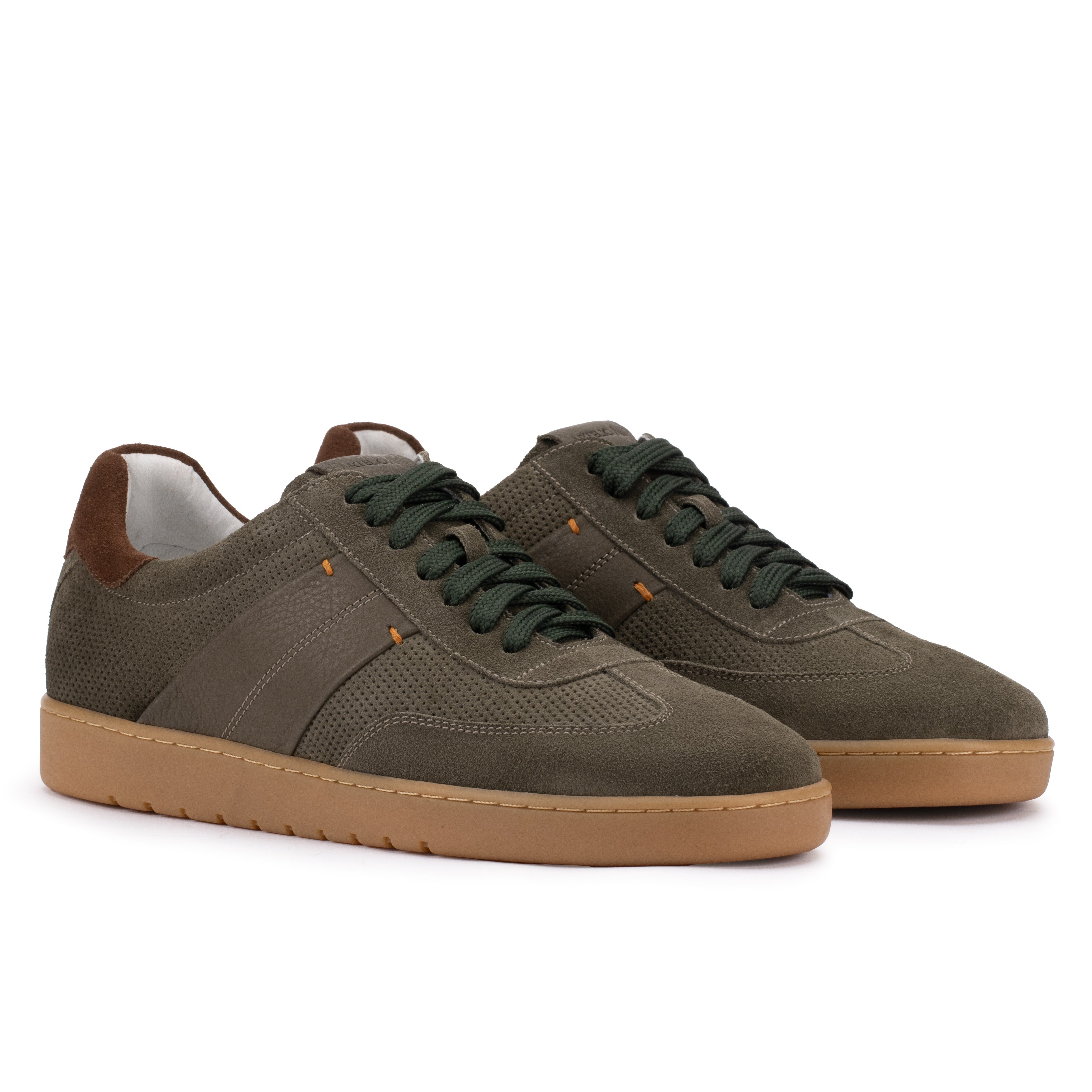 Front angle of the Artelio Strata olive suede sneaker showing the low-profile lace-up shape