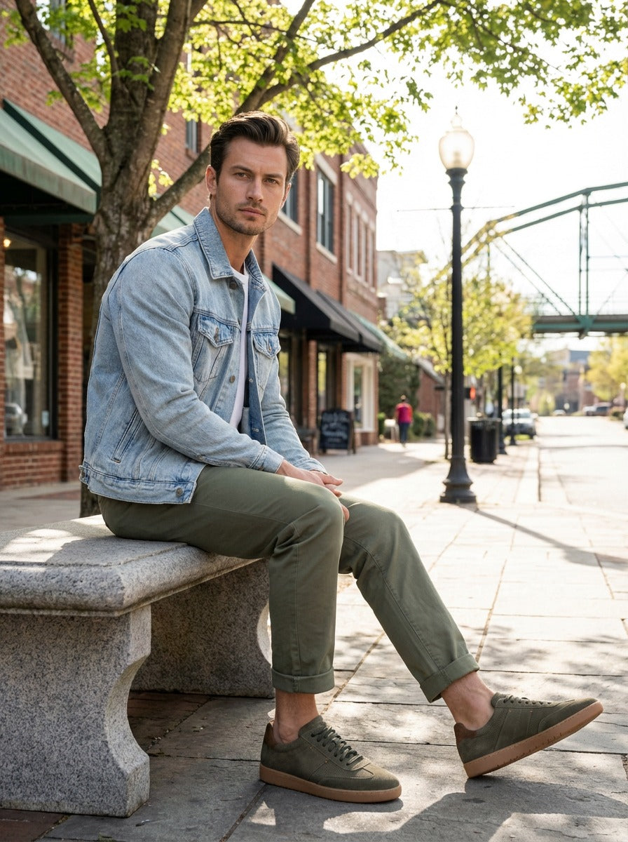 Casual bench styling with the Artelio Strata olive suede sneaker and relaxed warm-weather outfit