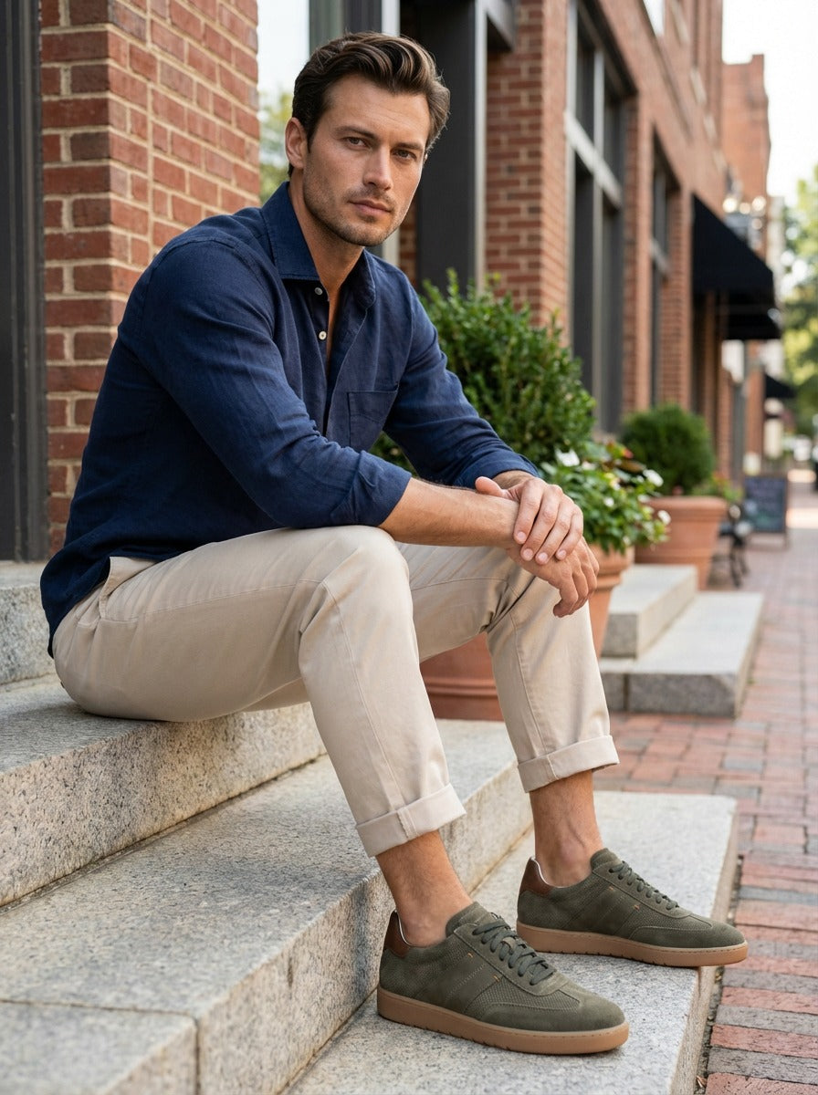 Lifestyle view of the Artelio Strata olive suede sneaker styled with navy layers and light trousers