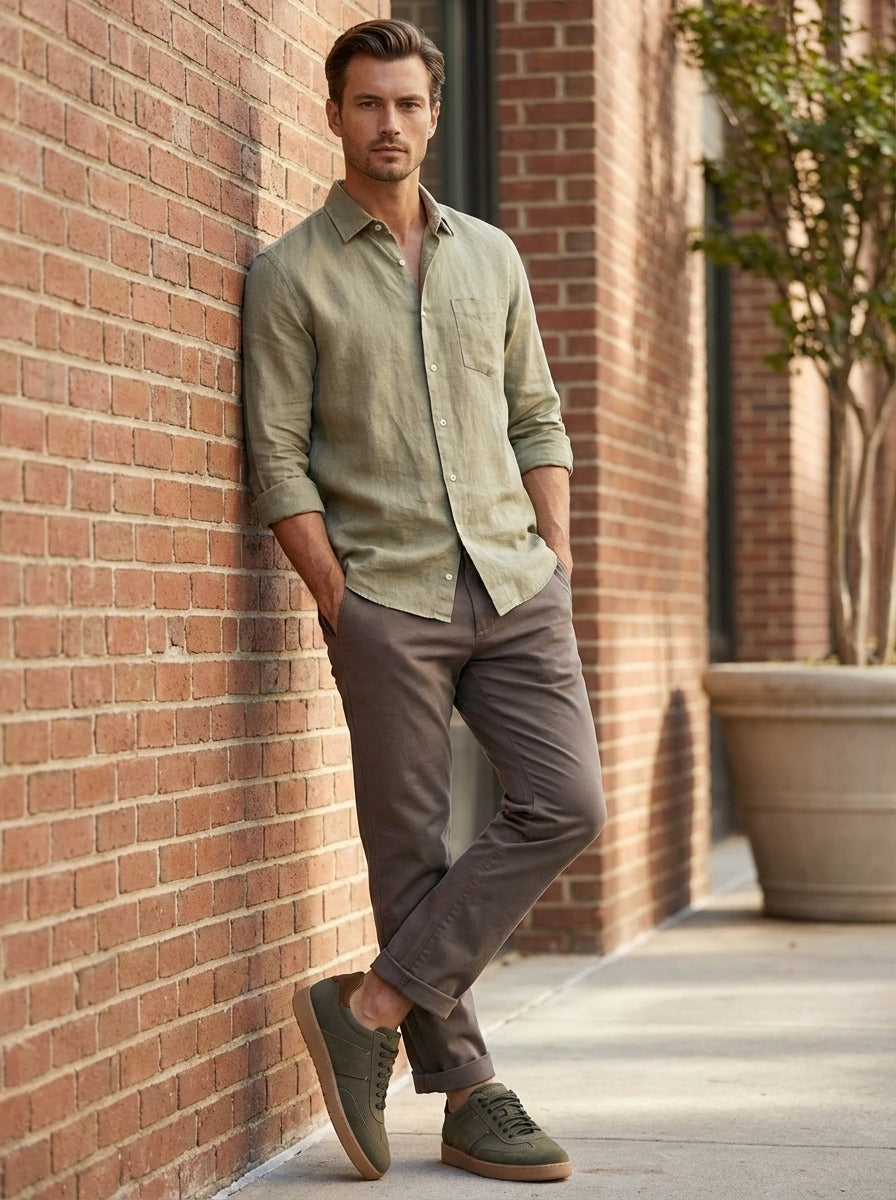 Street style outfit with the Artelio Strata olive suede sneaker and casual layers