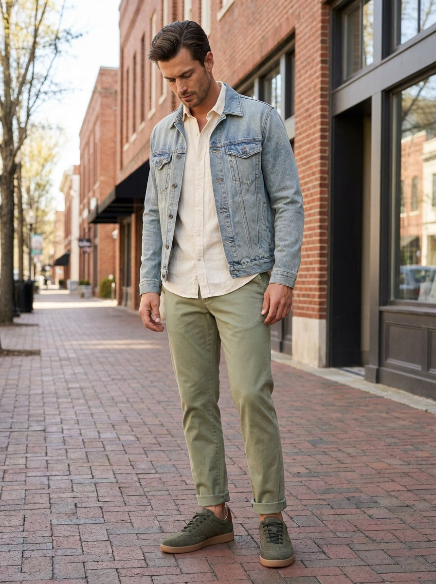 Walking outfit with the Artelio Strata olive suede sneaker styled with light denim and olive trousers