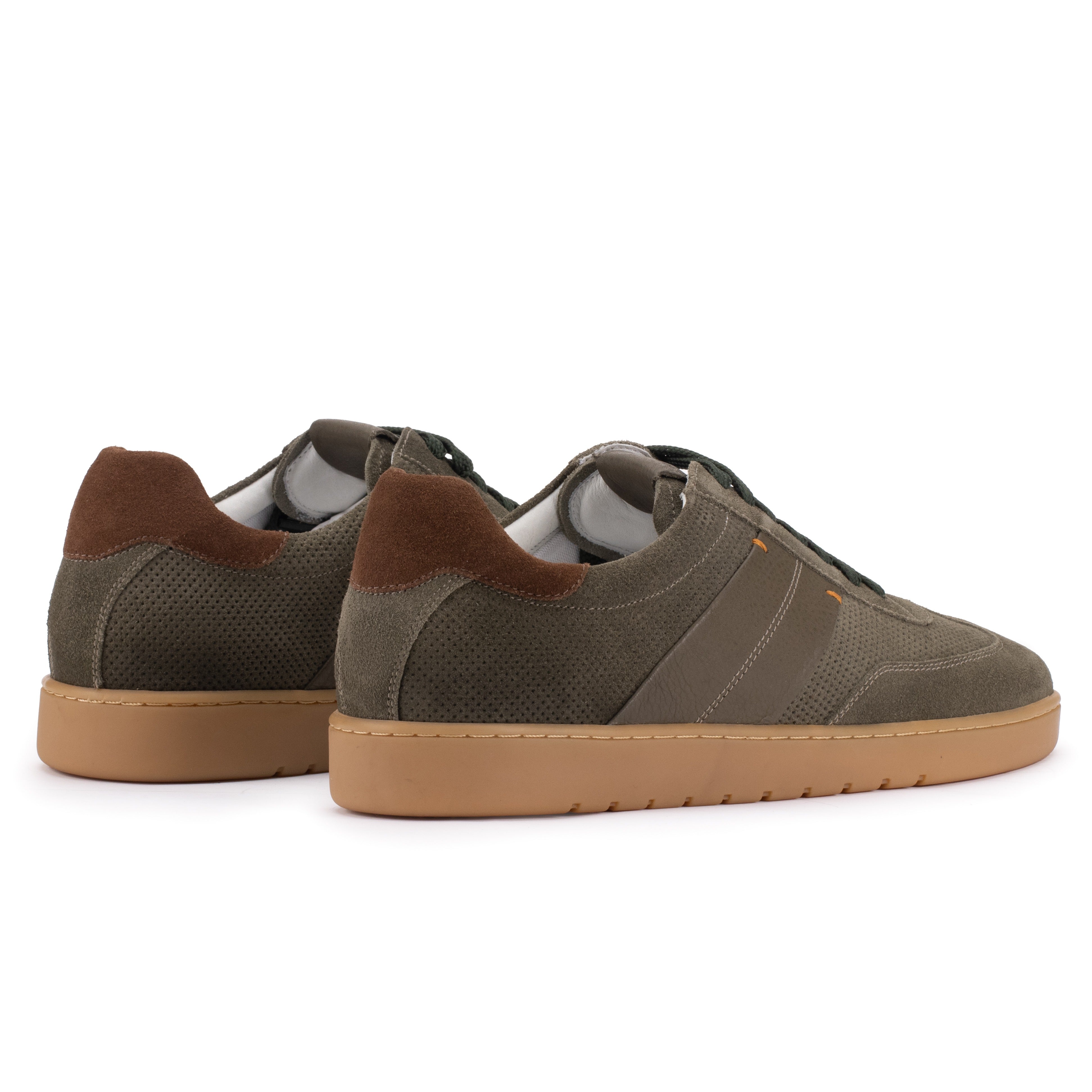 Rear angle of the Artelio Strata olive suede sneaker with leather heel detail and gum sole