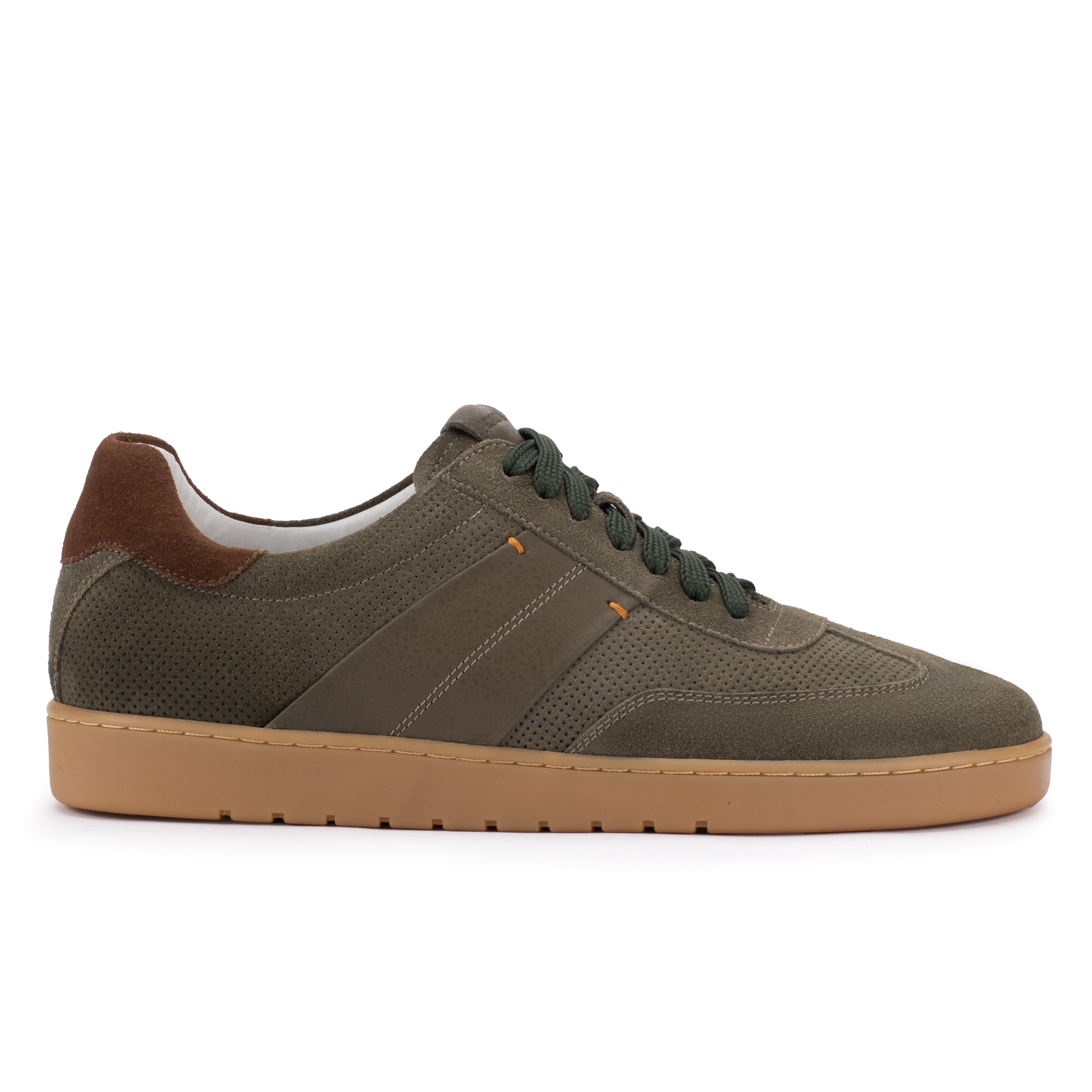 Side profile of the Artelio Strata olive suede sneaker with perforated details and a grippy rubber sole