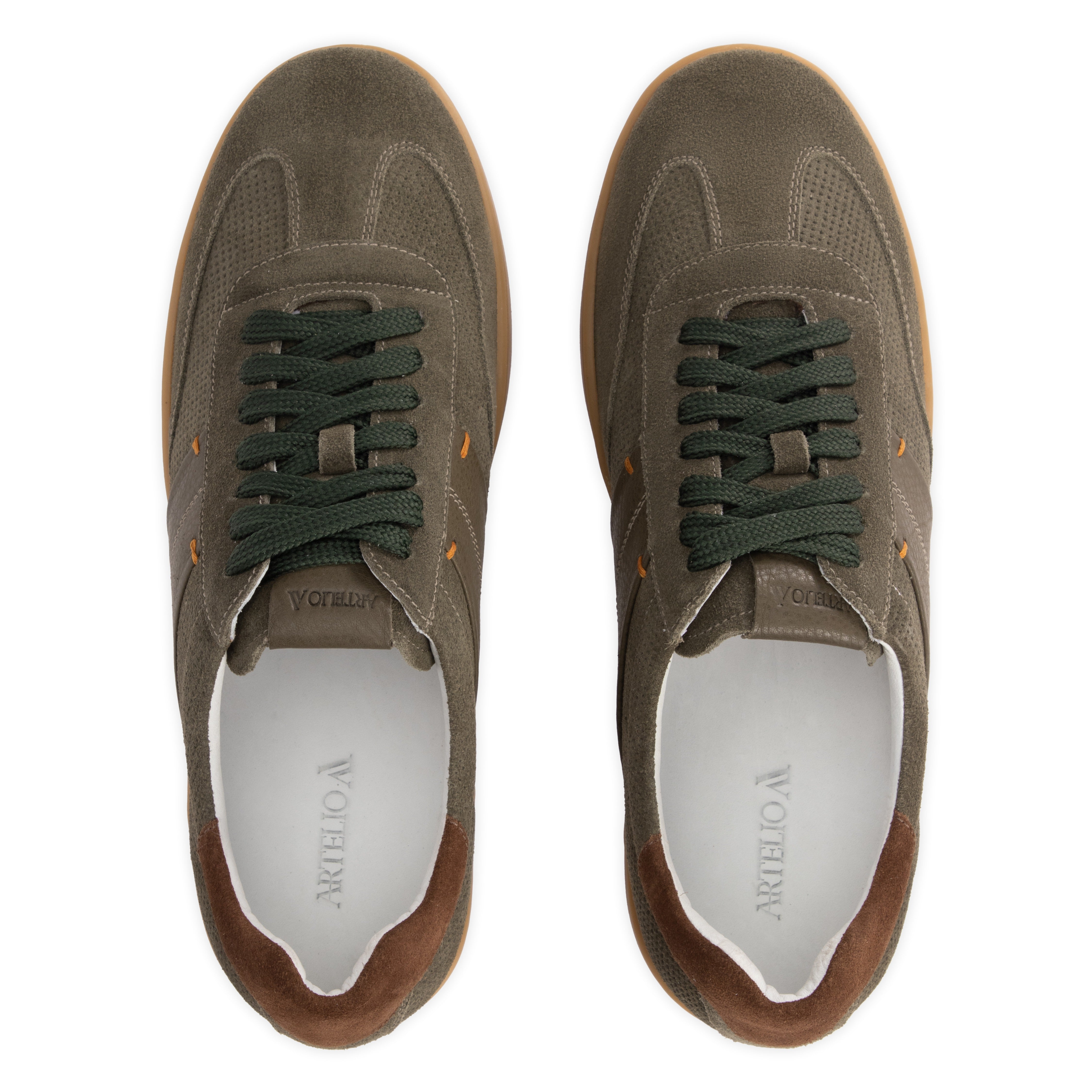 Top view of the Artelio Strata olive suede sneaker with perforated suede and green laces