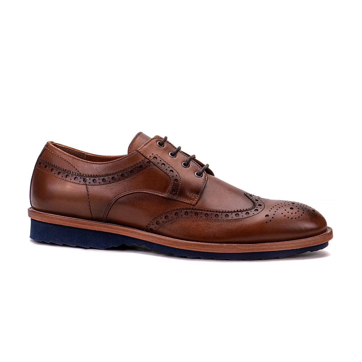 Side profile of the Artelio Troia brown wingtip brogue dress shoe showing the leather upper and welted look