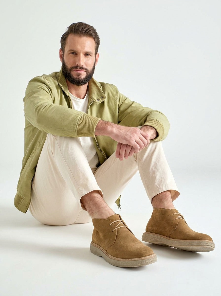 Studio lifestyle view of the Artelio Vanguardia tobacco suede chukka boot styled with light trousers