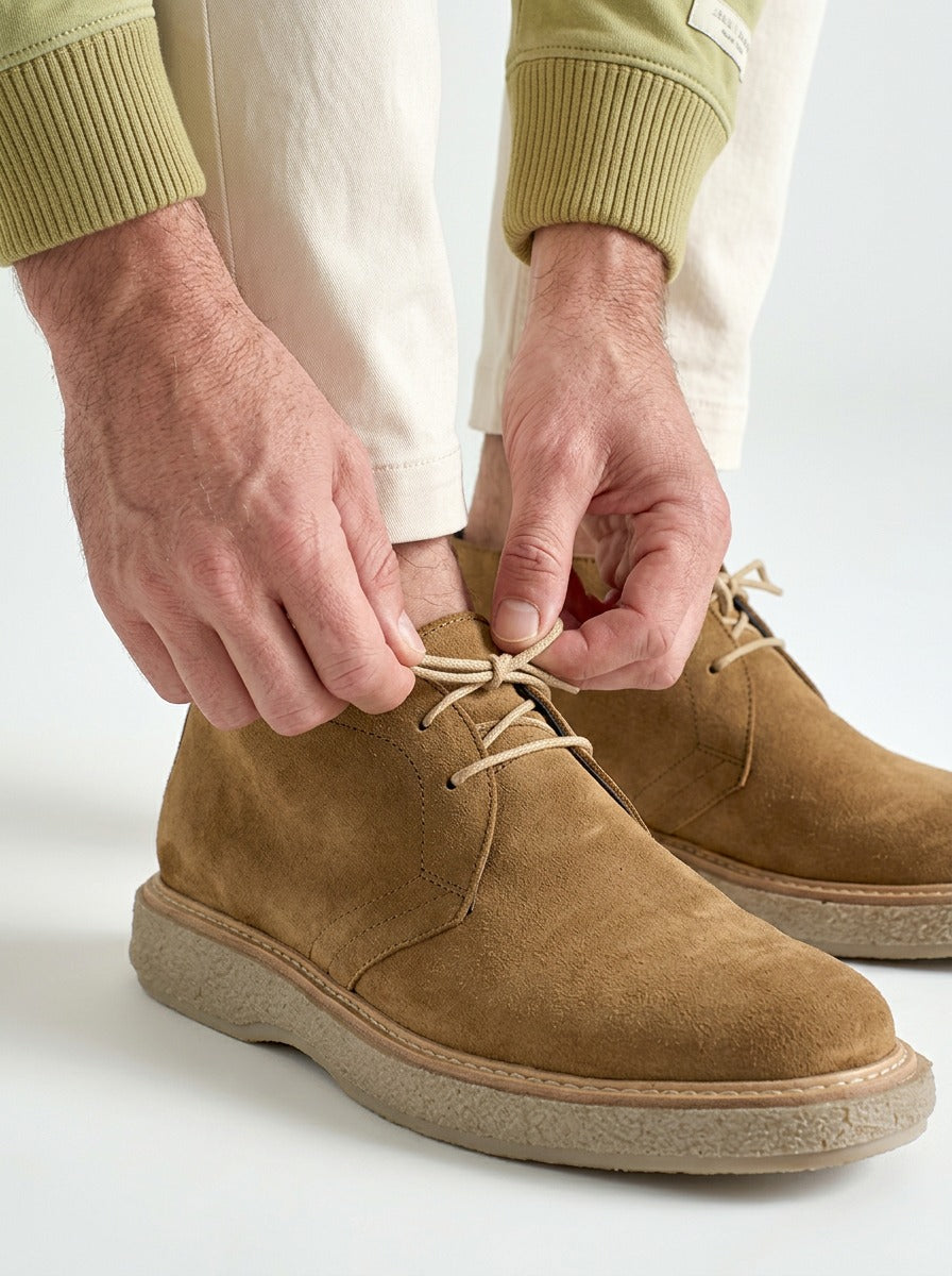 On-foot lacing detail of the Artelio Vanguardia tobacco suede chukka boot showing the suede texture