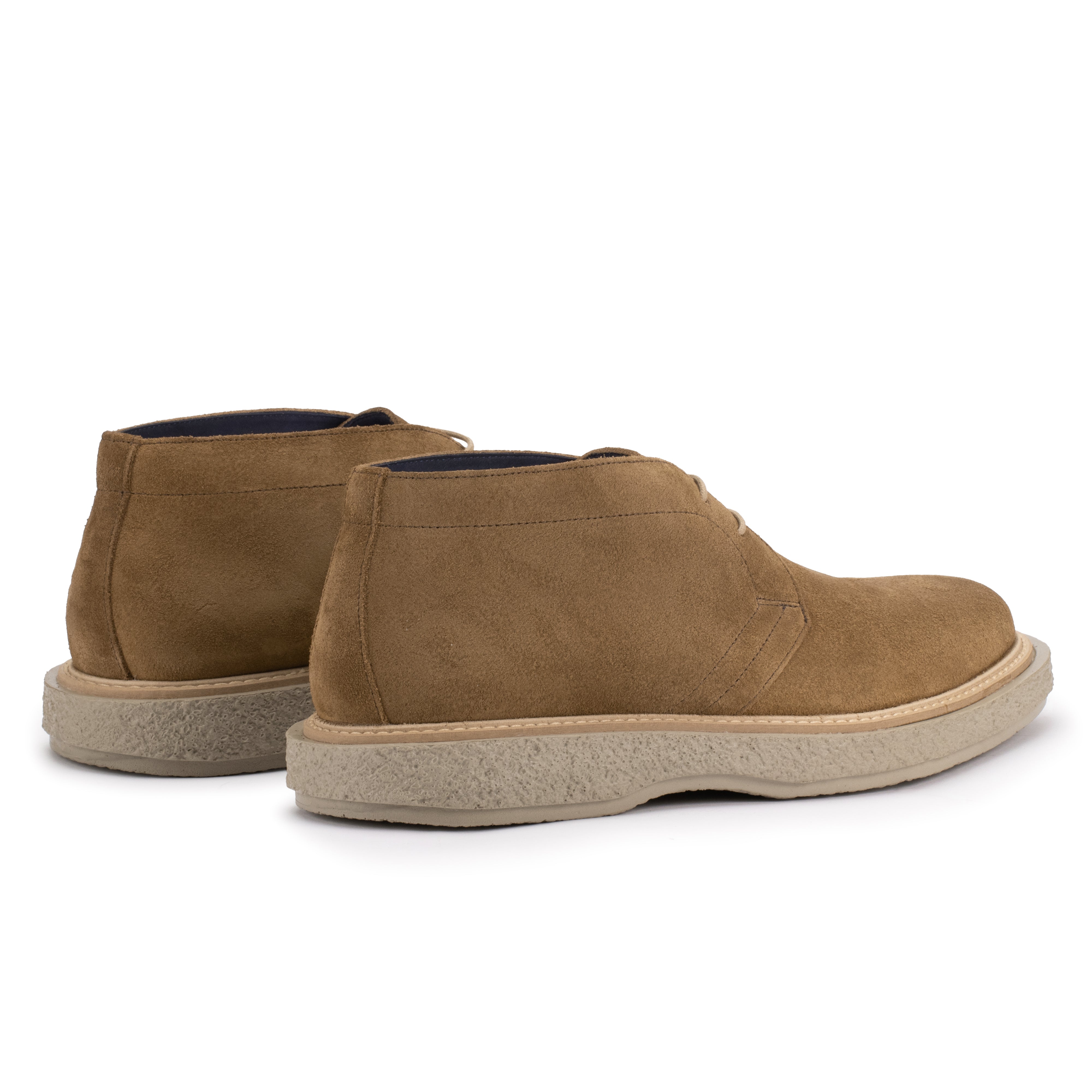 Rear angle of the Artelio Vanguardia tobacco suede chukka boot showing the suede upper and ankle height