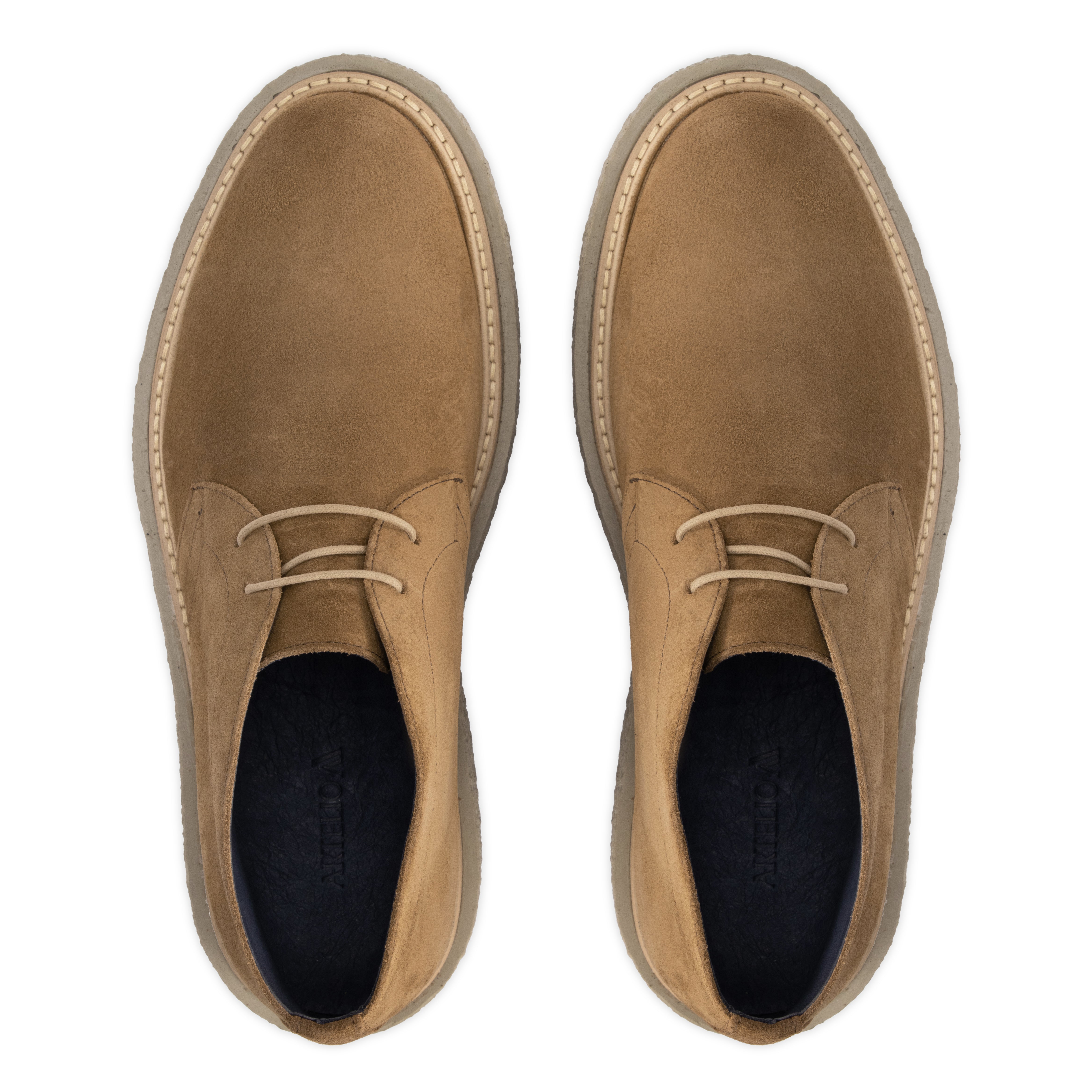 Top view of the Artelio Vanguardia tobacco suede chukka boot with clean chukka styling