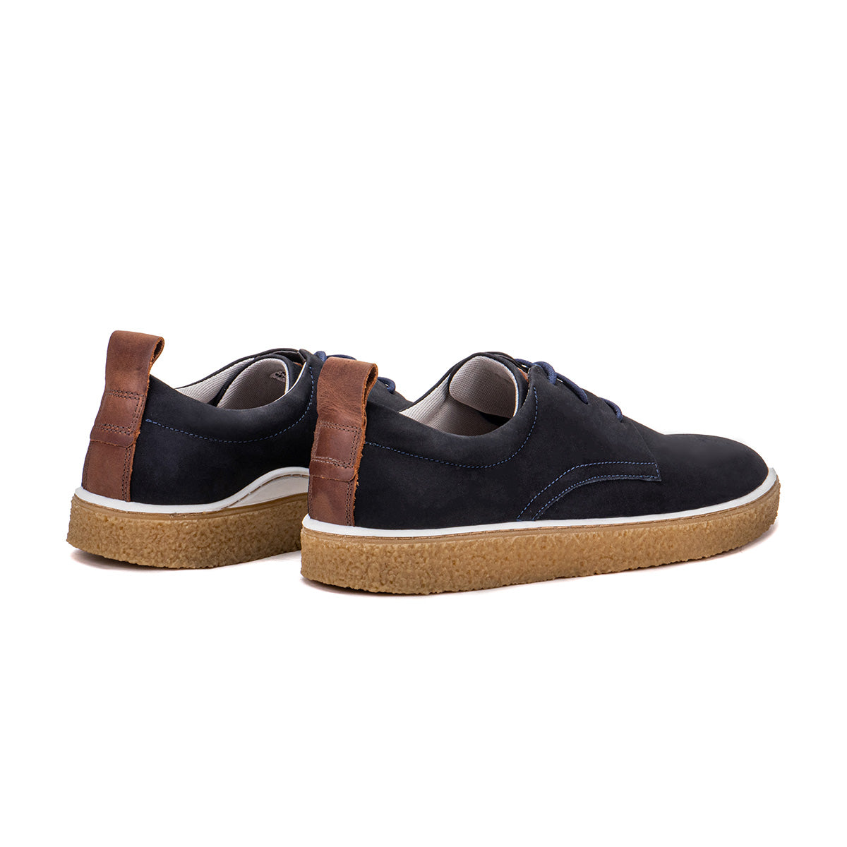 Rear angle of the Artelio Venezia navy nubuck casual lace-up shoe showing the heel and navy nubuck finish