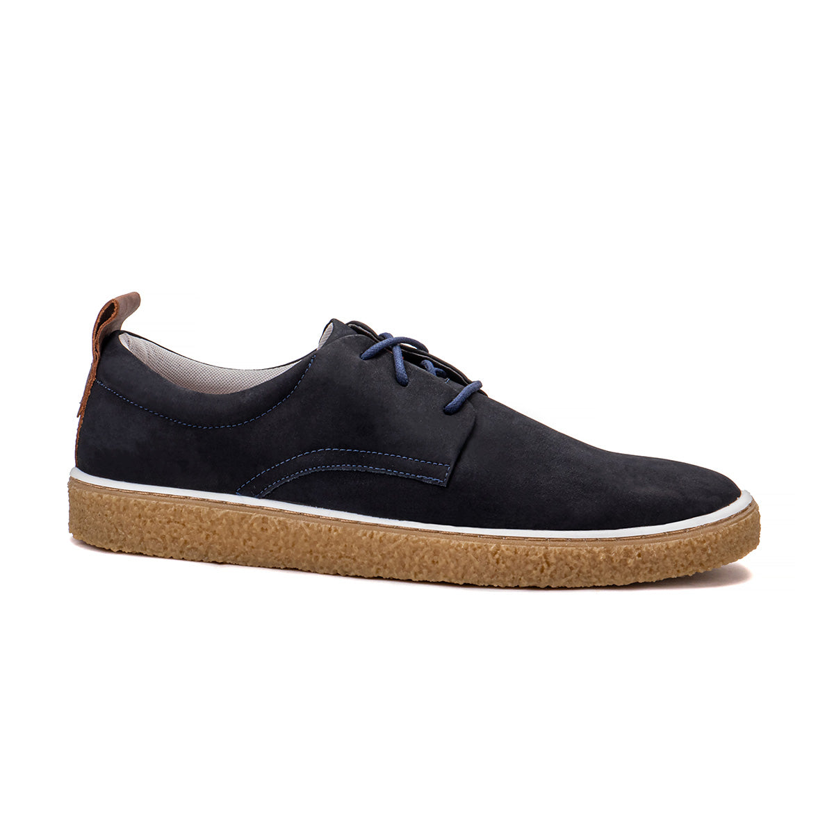 Side profile of the Artelio Venezia navy nubuck casual lace-up shoe showing the nubuck upper and gum-style sole