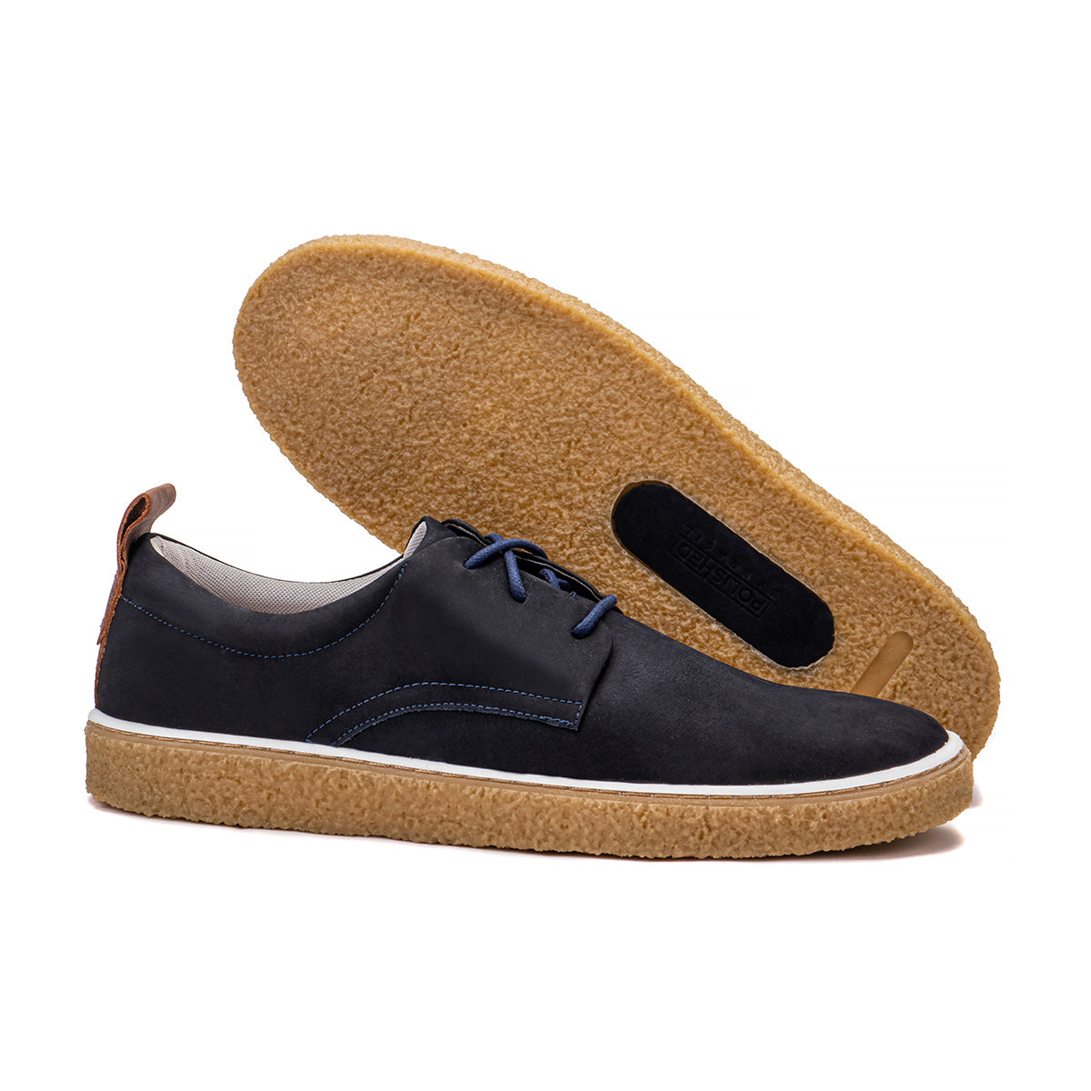 Sole detail of the Artelio Venezia navy nubuck casual lace-up shoe showing the grippy gum-style bottom