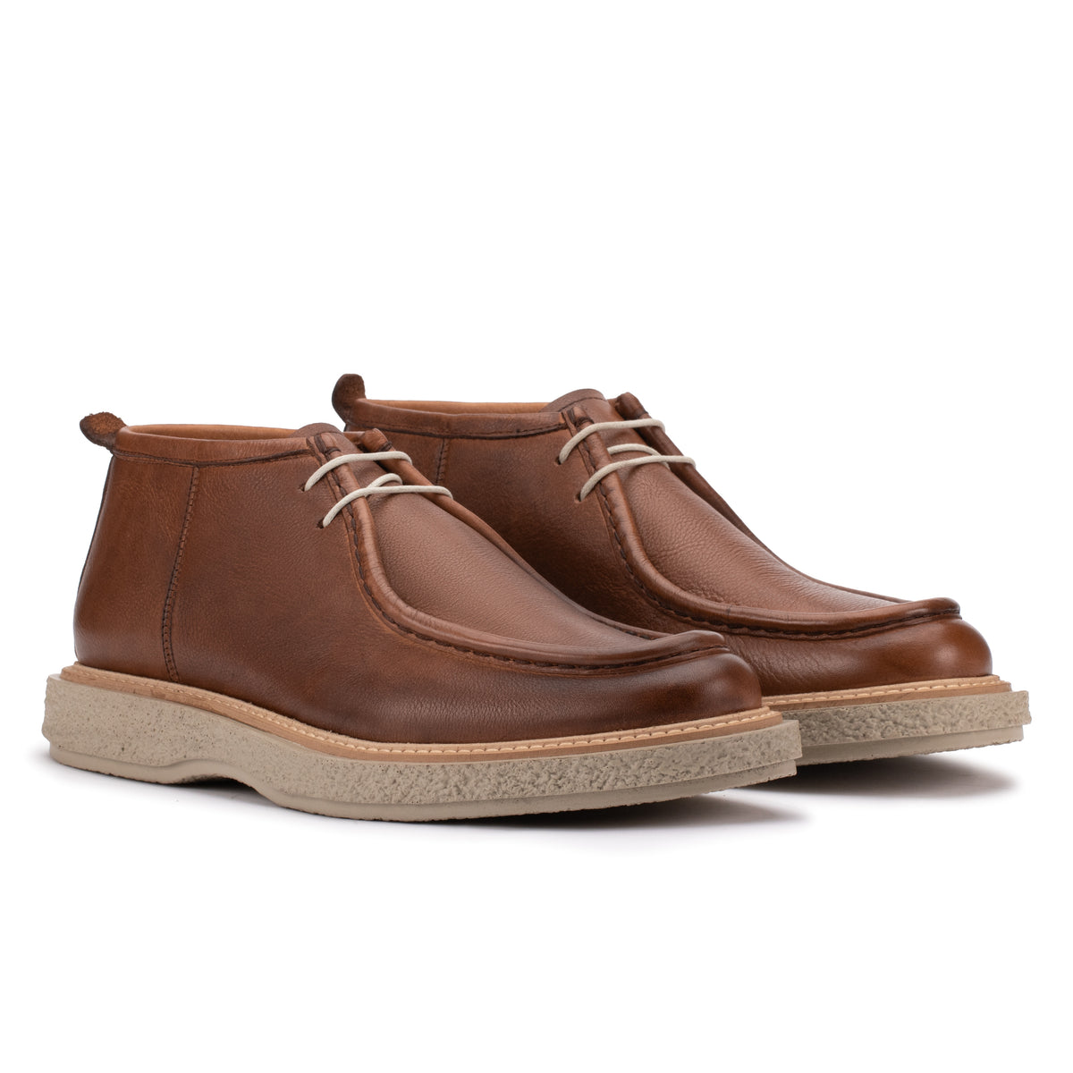 Front angle view of the Artelio Volare whisky leather chukka boots with stitched toe detail