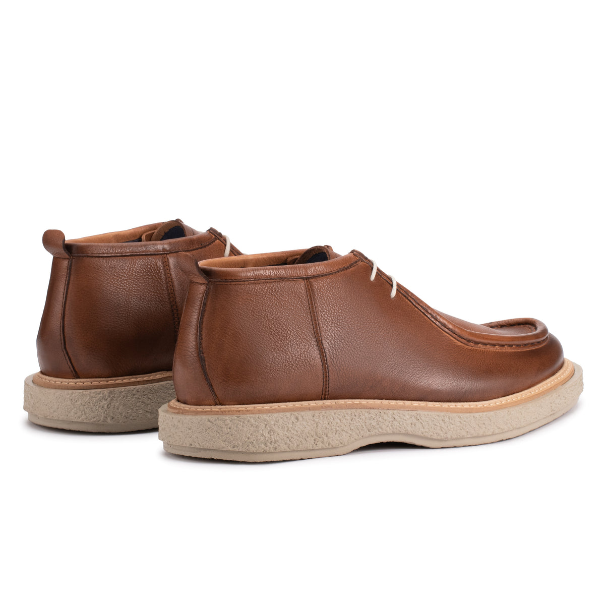 Rear angle view of the Artelio Volare whisky leather chukka boots with ankle-height profile