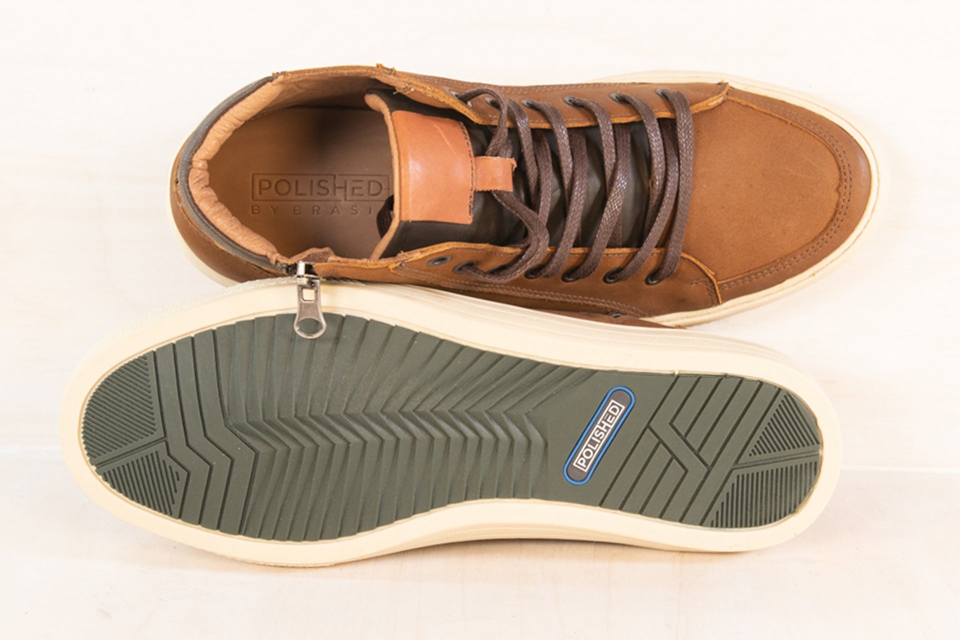Top view of the Artelio Campinas distressed cognac leather high-top sneaker boot showing the lace-up shape