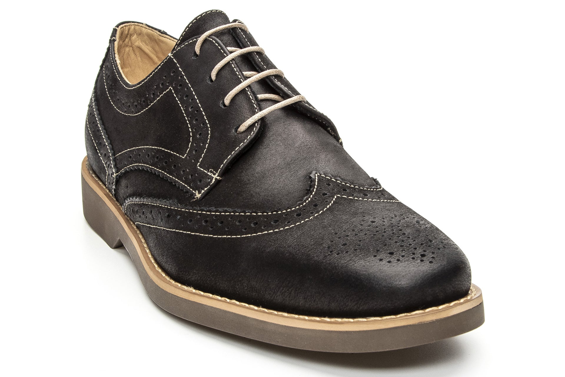 Angled view of the Artelio Santiago midnight black leather wingtip derby showing leather upper and sole profile
